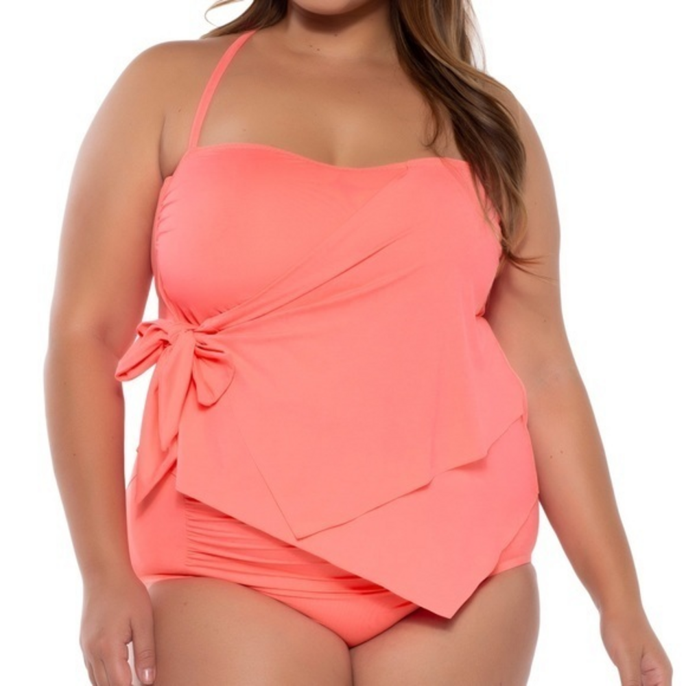 Becca Etc Plus Size Solid Color Code Asymmetrical Tankini Top, Coral